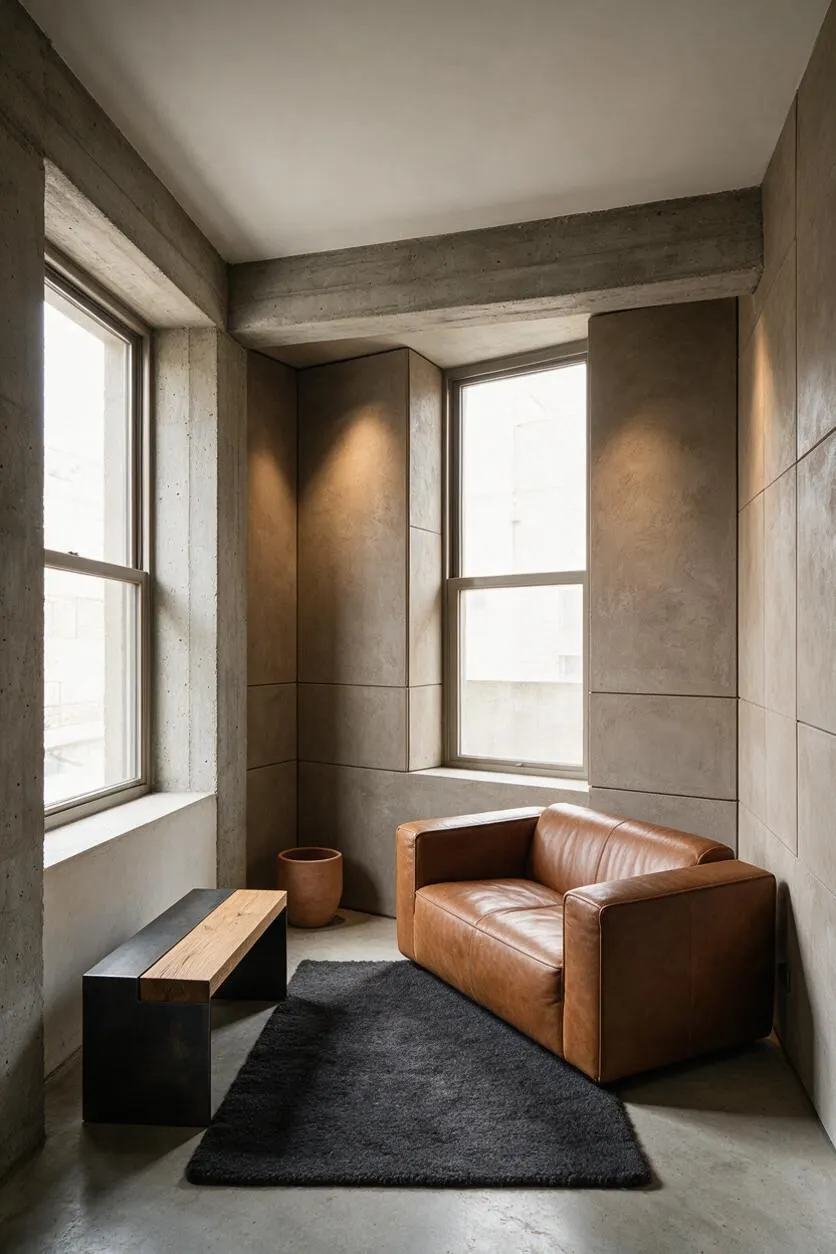 A compact sunroom with exposed concrete walls and ceiling beams, two tall windows, and a warm brown leather loveseat. A black bench with a wood top, a small terracotta planter, and a dark rug soften the industrial, minimalist space.