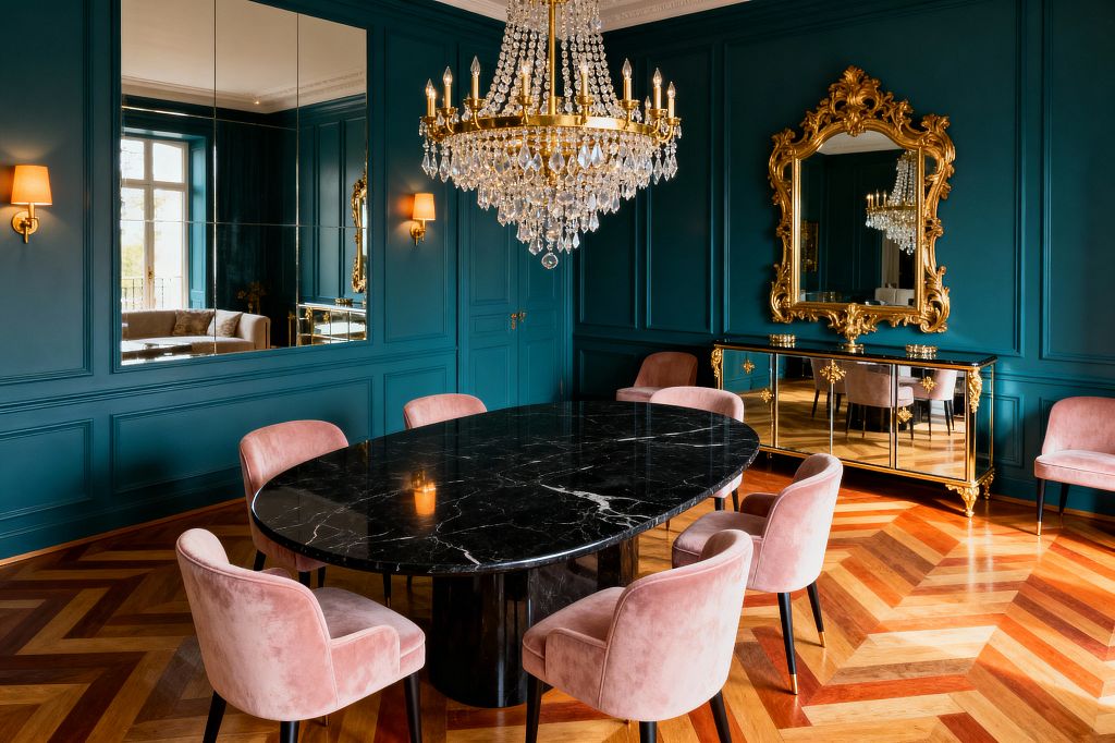 An elegant dining room with deep teal paneled walls centers on an oval black marble table surrounded by six blush pink velvet chairs. A tiered crystal chandelier with gold hardware hangs above, while a gilded rococo mirror and mirrored sideboard reflect chevron-patterned hardwood floors, warm brass wall sconces, and a large gridded wall mirror; daylight filters through tall windows, creating a glamorous, vintage-inspired atmosphere.