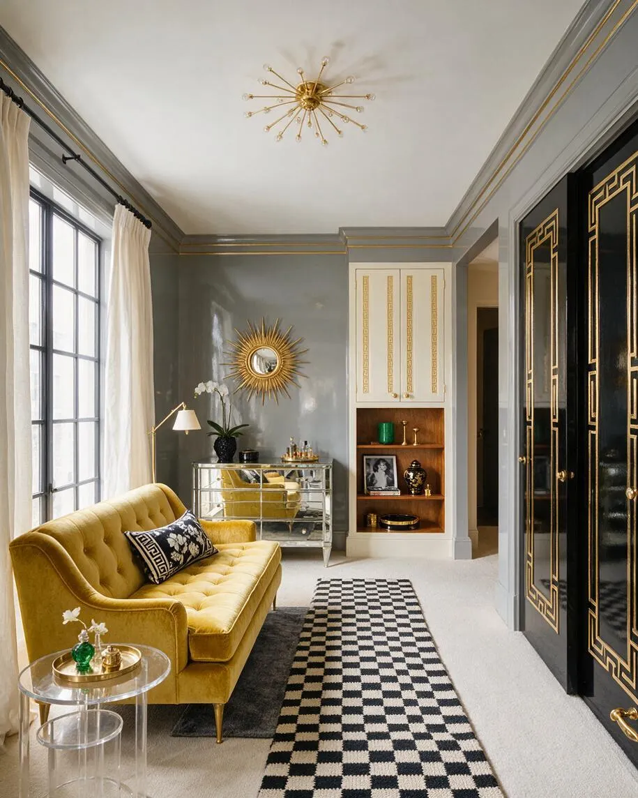 A Hollywood Regency guest bedroom with a mustard velvet sofa, glossy gray walls, and black built-in cabinetry outlined in gold trim. The room features a sunburst mirror, mirrored chest, checkered runner, and a starburst ceiling light, creating a glamorous, layered look.