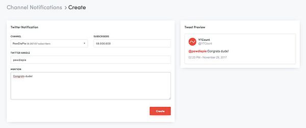 The image shows a web interface for creating channel notifications linked to Twitter, with a preview of a tweet for a subscriber count update.