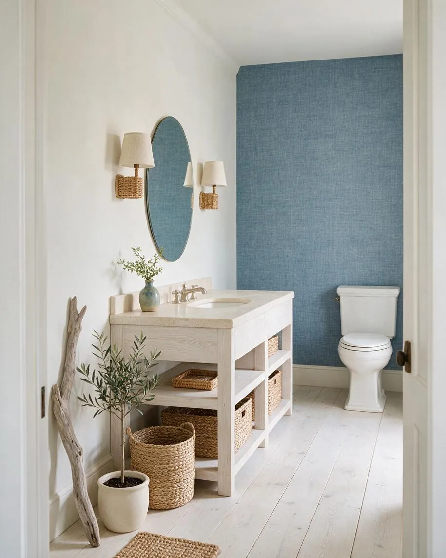A bright coastal powder room with white painted floors, an off-white vanity, and a textured blue accent wall behind the toilet. The space includes an oval mirror, woven wall sconces, wicker baskets, and a small potted plant, creating a calm, natural look.