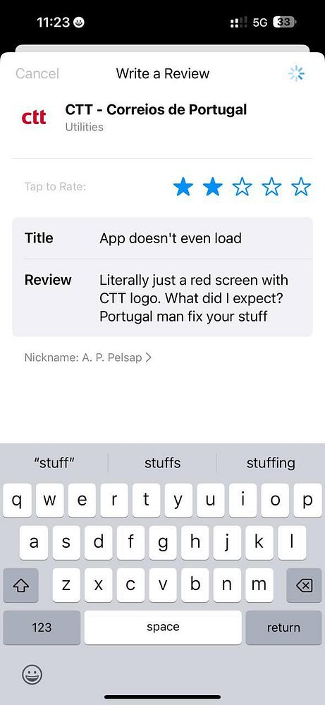 A user is attempting to write a negative review for the CTT iOS app, expressing frustration over its functionality.