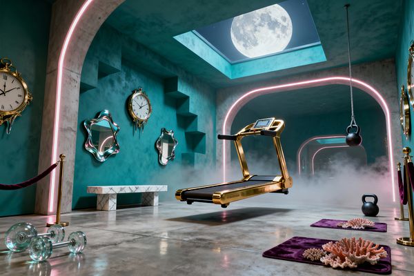 Surreal home gym with teal plaster walls and pink LED arches features a floating gold treadmill over a polished concrete floor. Iridescent wavy mirrors, antique-style gold clocks, a white marble bench, clear glass dumbbells, and deep purple mats topped with coral sit amid low fog; a kettlebell hangs from a rope, and a large moon glows through a skylight, creating a theatrical, dreamlike workout space.