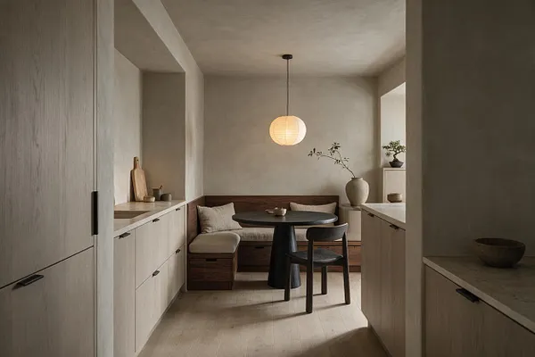 A serene Japandi-style kitchen with pale wood cabinetry, a light stone countertop, and a built-in dining nook at the back. A round black pedestal table and dark chair sit beside cushioned bench seating, while a paper pendant lamp and ceramic vases add softness to the calm neutral space.