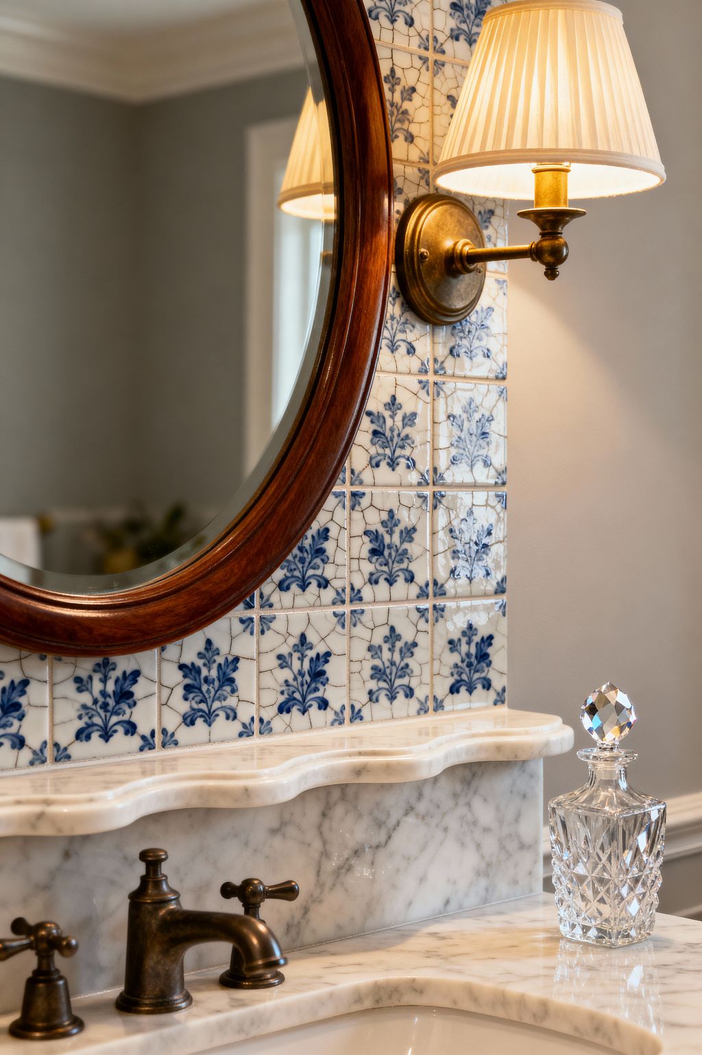 Close-up of a traditional bathroom vanity featuring blue-and-white floral tiles with a crackle glaze, an oval mirror in a warm wood frame, and an antique-brass wall sconce with a pleated cream shade. The marble countertop and scalloped backsplash show light gray veining, paired with an oil-rubbed bronze widespread faucet. A cut-crystal decanter sits on the counter, with soft gray walls and white crown molding visible in the background.