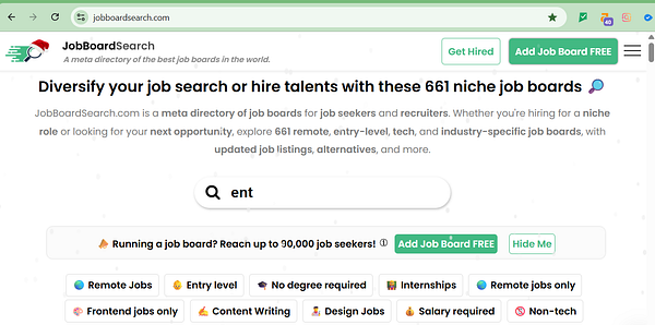 The image displays a webpage for JobBoardSearch, a directory of job boards.