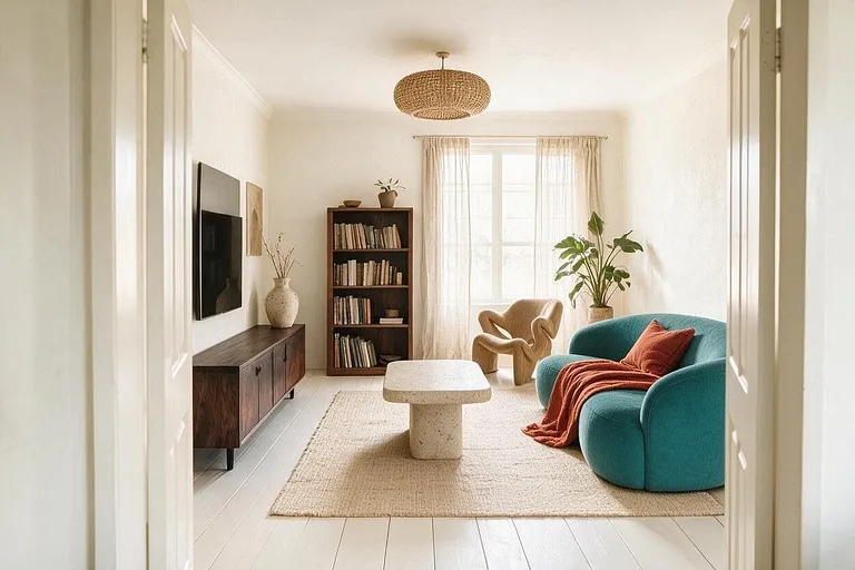 An Organic Modern living room in the Teal and Rust palette: cream, teal, rust, walnut, and oatmeal