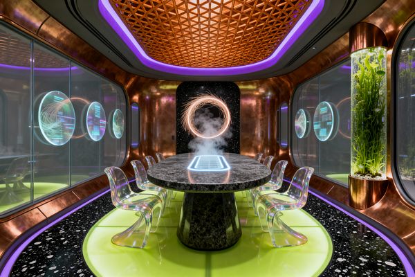 A futuristic dining room features a dark oval stone table with a glowing control panel and steam effect, surrounded by transparent iridescent chairs. The space has burnished copper walls, a lime-green illuminated floor inset within black terrazzo, circular window-like screens with holographic graphics, a cylindrical glass terrarium, and a geometric backlit ceiling, all accented by purple and cyan neon lighting and a glowing ring artwork at the far wall.