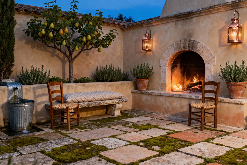 An intimate French Country patio at dusk centers on a stucco fireplace with a limestone arch, flanked by copper lanterns and terracotta pots of rosemary. Weathered limestone pavers threaded with moss set the floor; a pear espalier, galvanized zinc wall fountain, carved stone bench with a quilted cushion, and two rustic wood ladderback chairs with rush seats complete the scene, illuminated by firelight and candles.
