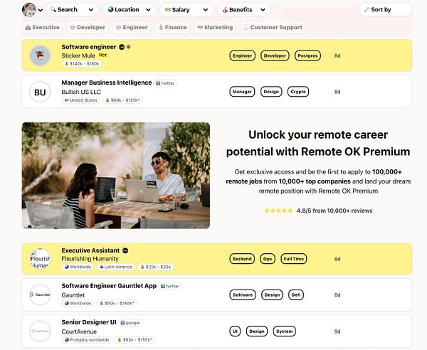 The image displays a job listing interface for remote positions, featuring various job titles and a promotional section for Remote OK Premium.