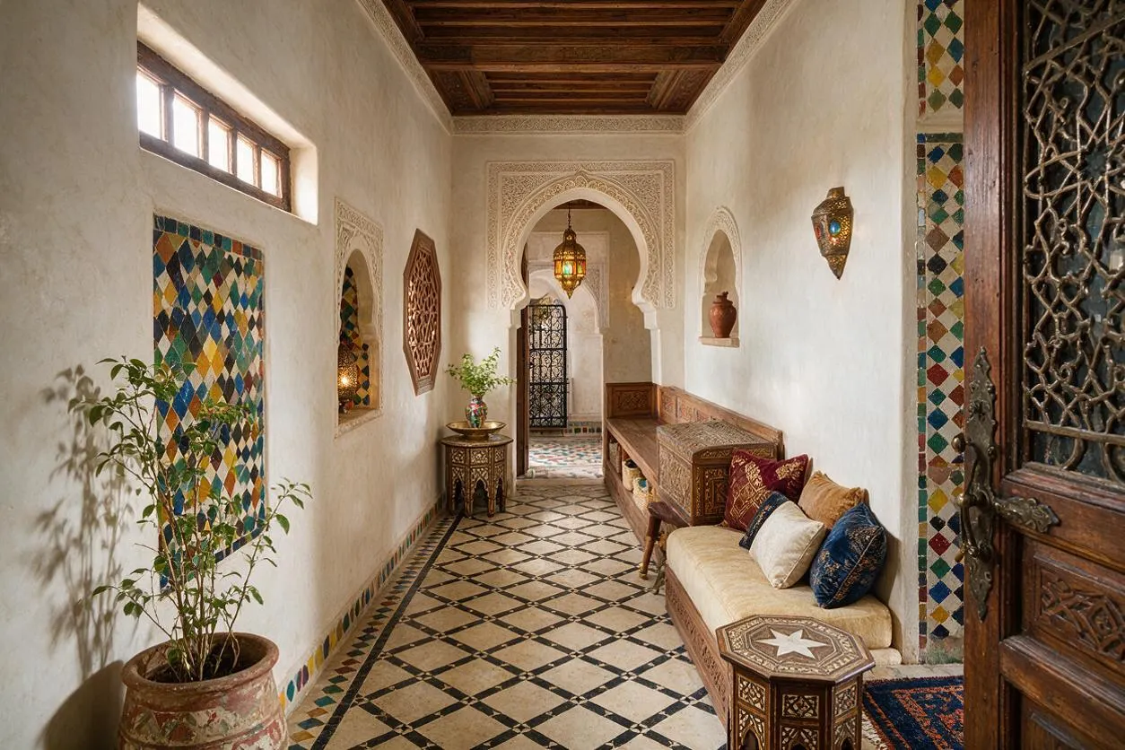 A Moroccan-style entryway with white plaster walls, carved archways, and colorful zellige tile accents framing the room. The space includes a patterned floor, wooden benches and tables, hanging lanterns, potted plants, and a carved wooden door with ornate metal latticework.