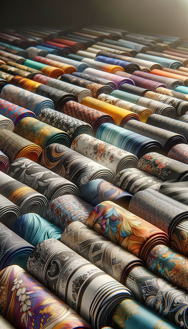 A variety of printed fabrics laid out on a designer's worktable, showcasing different patterns, textures, and color schemes.