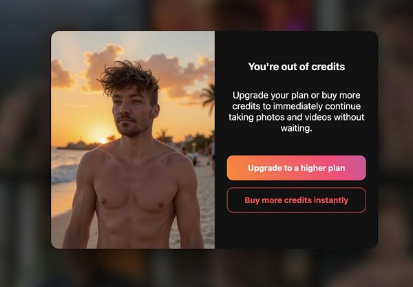 A modal alert informs the user they are out of credits while displaying a beach scene with a man at sunset.