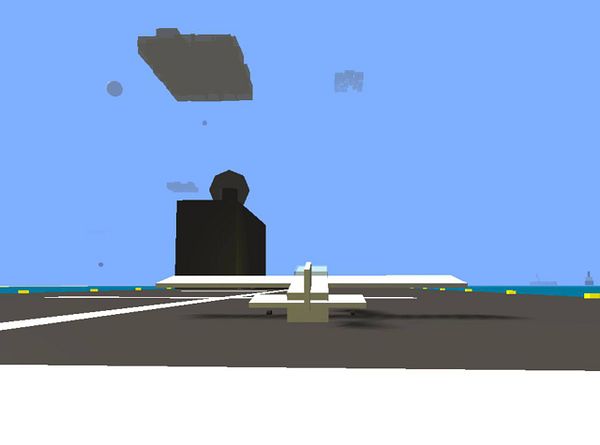 A pixelated aircraft is positioned on a runway in front of a large ship structure.