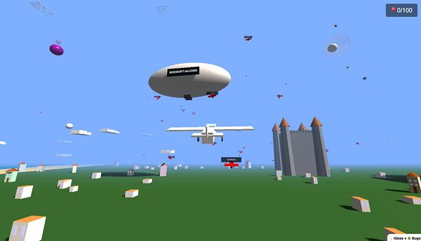 A virtual scene featuring a blimp labeled 'SIDESHIFT.AI JOBS' and a small airplane amidst a colorful, blocky landscape.