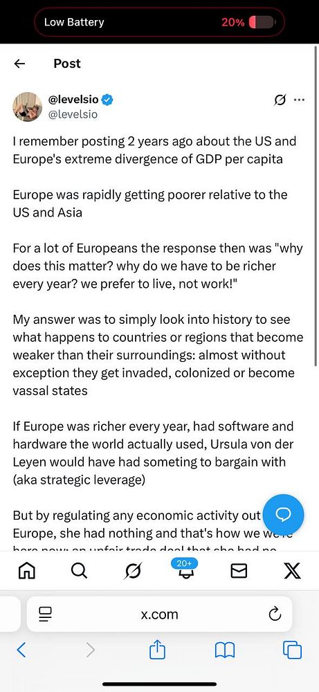 A Twitter post discussing Europe's economic decline relative to the US and Asia, highlighting historical consequences for weaker nations.