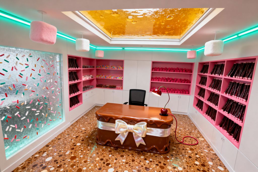 A whimsical home office styled like a candy shop features a glossy chocolate-look desk wrapped with a pearly ribbon, a red lamp, and a black task chair on a caramel terrazzo floor. Bubblegum-pink shelving with white base cabinets lines the walls, displaying candy-like props, while marshmallow-shaped pendant lights, a mint LED cove, an amber resin skylight, and a frosted glass partition sprinkled with colorful inserts complete the playful, confectionery atmosphere.