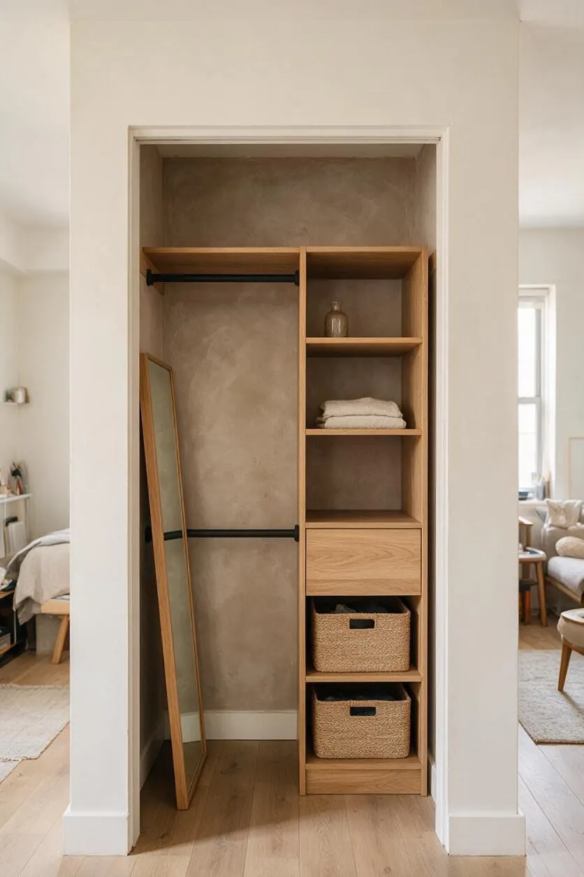 A small modern closet nook with a light oak built-in shelving unit, black hanging rods, and a full-length mirror leaning against the left wall. The back wall has a warm textured plaster finish, and woven storage baskets, folded towels, and a small glass bottle add soft neutral details.