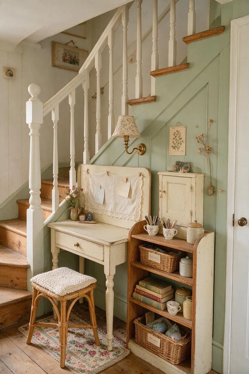 A cozy cottagecore home office tucked beneath a staircase, featuring a distressed cream writing desk, a wicker stool with a knitted cushion, and a small wooden bookcase with baskets, books, and cups. Pale green paneled walls, white staircase balusters, floral accents, and warm wood steps create a soft, nostalgic atmosphere.