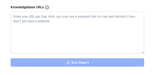 The image displays a user interface for inputting knowledgebase URLs.
