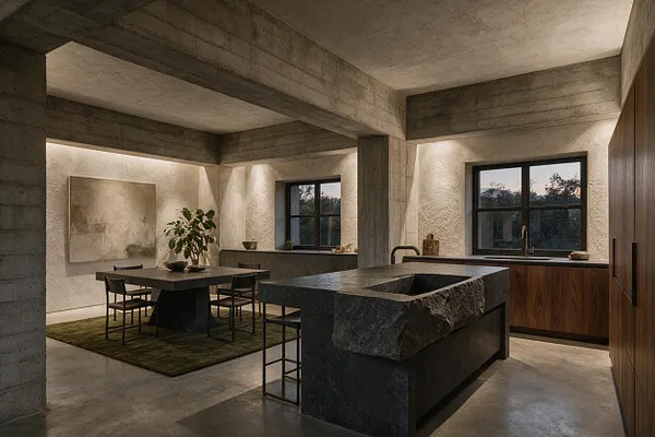 A Brutalist kitchen with exposed concrete ceilings and beams, textured plaster walls, and a massive dark stone island with a rough, carved edge. A square dining table sits on a deep green rug beside black dining chairs, while wood cabinetry and black-framed windows soften the severe material palette.