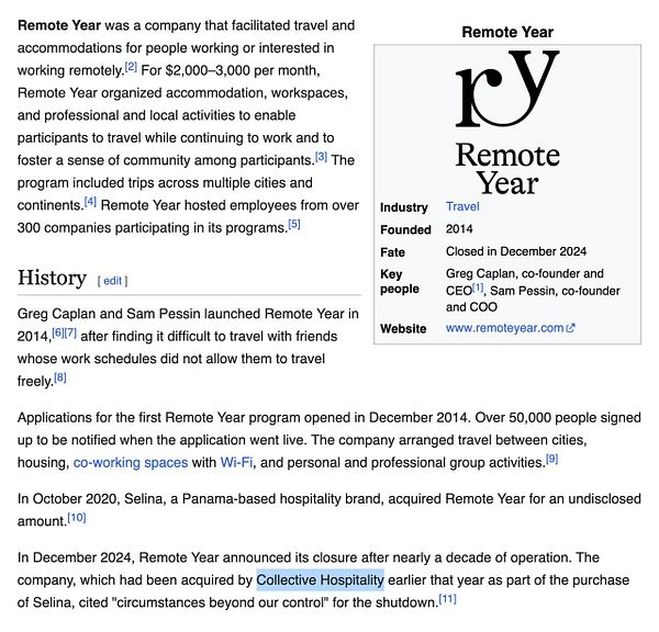 The image presents information about Remote Year, a company that facilitated travel for remote workers, detailing its history, founding, and eventual closure.