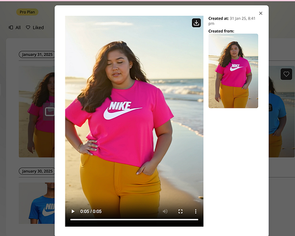 A woman is modeling a bright pink Nike t-shirt and yellow pants on a beach.