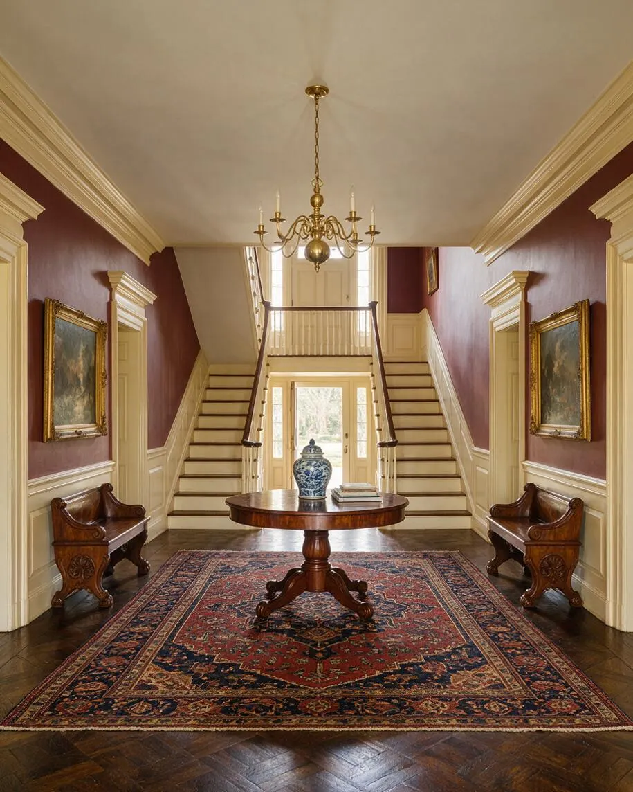 A grand traditional entryway with burgundy walls, cream trim, and a large central Persian-style rug. A round wood pedestal table with a blue-and-white vase sits beneath a brass chandelier, framed by twin staircases rising to an upper landing, with carved wooden benches and framed artwork along the walls.