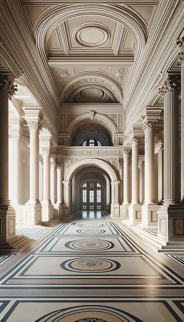 a grand interior hallway designed with Palladian principles, featuring symmetrical layouts, arched doorways, and classical columns