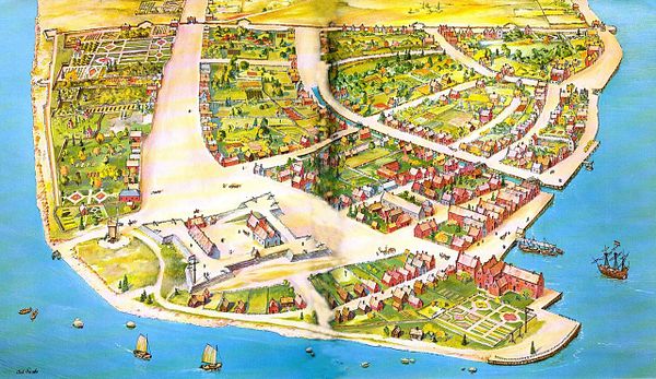 A colorful, illustrated map of New Amsterdam depicting its layout and features.