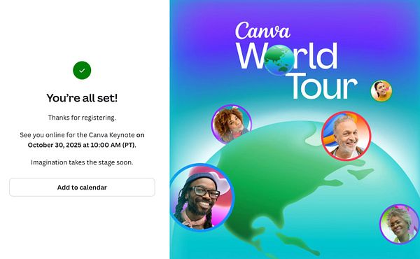 The image is a confirmation screen for registering for the Canva World Tour event.