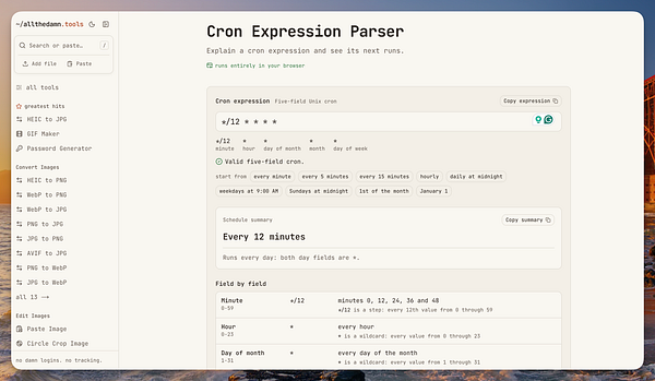 Screenshot of a web-based Cron Expression Parser tool explaining and summarizing a cron expression for every 12 minutes.