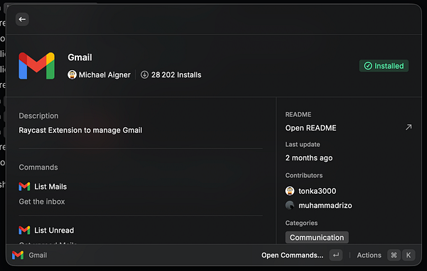 Interface of Raycast showing an active Gmail management extension with options for Inbox, Unread, and Starred emails, including a list of unread messages.