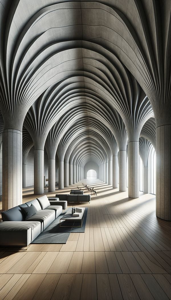 A spacious interior hallway illuminated by natural light, featuring a series of barrel vaults constructed from smooth, polished concrete, with modern furnishings accenting the space below.