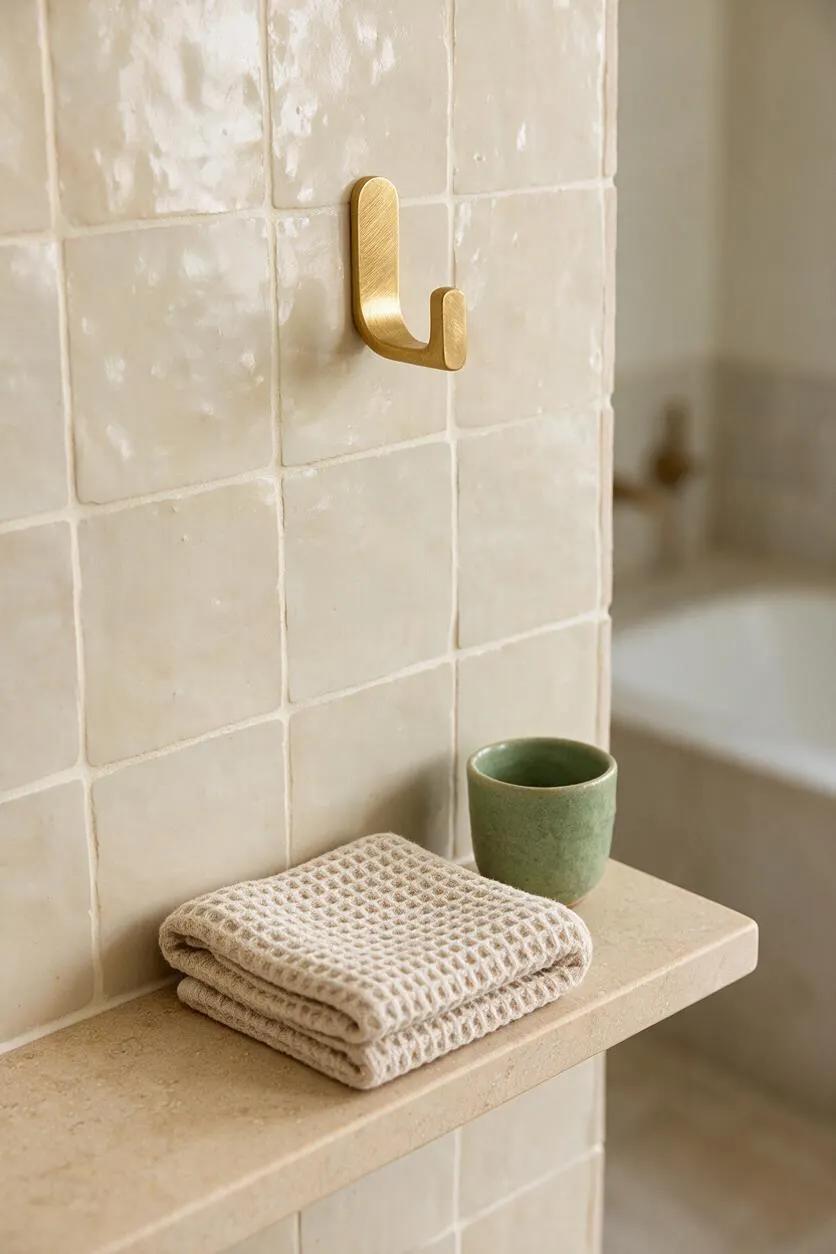 A close-up of a coastal bathroom detail with glossy cream square tiles, a brushed brass hook, a folded waffle-textured towel, and a small sage green cup on a soft beige stone shelf. The blurred background suggests a calm, spa-like bath space.