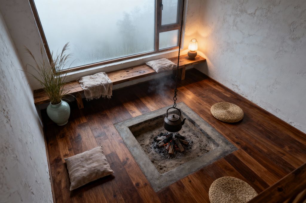 A minimalist living room features a central sunken concrete fire pit with glowing embers and an iron kettle suspended on a black chain. Warm walnut plank floors surround the hearth, with two round woven straw cushions and a beige linen floor pillow for seating. A rustic wood bench lines a large misted window, topped with soft throws and pillows. Textured off-white plaster walls, a small woven lamp, and a pale ceramic vase with dried grasses complete the calm scene.