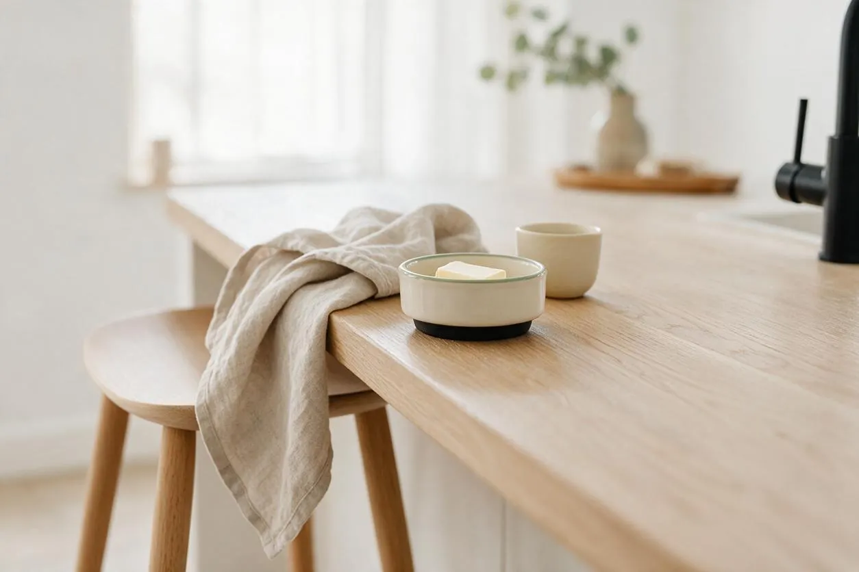 A bright Scandinavian dining vignette with a light oak table, a matching wooden stool, and a soft linen cloth draped over the edge. Small ceramic bowls and a muted vase with greenery add a calm, minimalist feel in warm neutral tones.