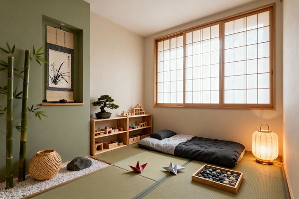 A serene children’s room with tatami mats, a low futon in charcoal and white, and a wide shoji window in light wood. A sage-green tokonoma displays a hanging ink scroll and small bowl, while low wood shelves hold simple wooden toys and a bonsai. A washi paper floor lantern provides warm light near a corner bamboo and white-pebble rock garden, with origami and a tray of river stones arranged on the floor.