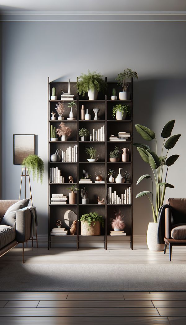 A tall, slender etagere made of dark wood, filled with an eclectic mix of books, potted plants, and decorative objects, situated in a well-lit, airy modern living room.