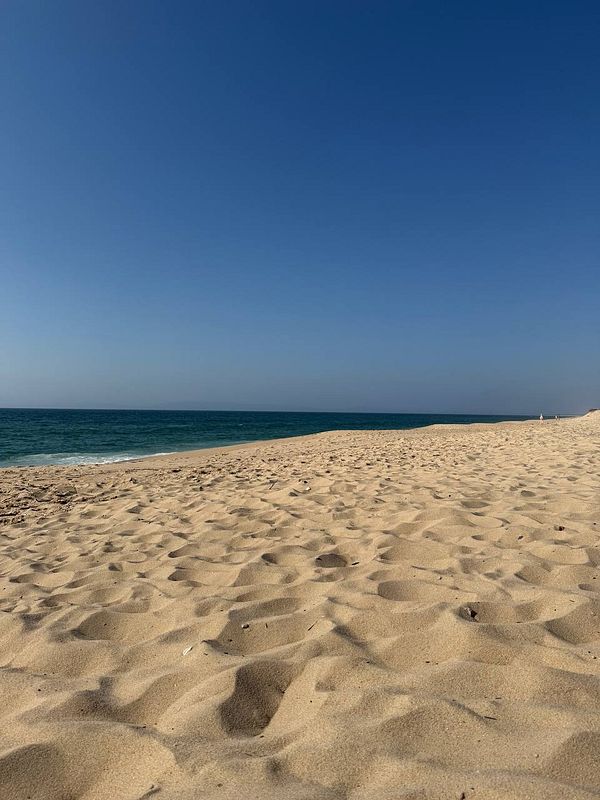 A serene beach scene at Comporta with soft sand and a clear blue sky.