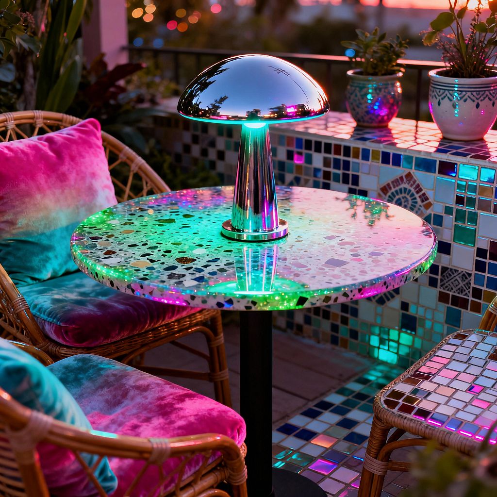 Close-up of a small patio at dusk featuring a round terrazzo table with a chrome mushroom lamp that casts neon green, magenta, and teal light. Rattan chairs with plush tie-dye cushions surround the table. A built-in ledge and floor show iridescent glass mosaic tiles, with ceramic planters along the rail. Reflections and saturated color create a playful, psychedelic atmosphere with shimmering surfaces and glowing accents.