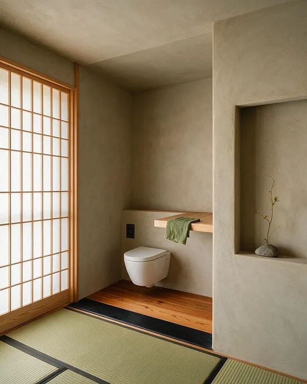 A minimalist powder room in Japanese Zen style features a frosted shoji-style sliding screen on the left, a wall-mounted white toilet, and an alcove display niche with a small branch in stone. Warm wood flooring and a floating wood shelf add natural texture to the calm beige plaster walls.
