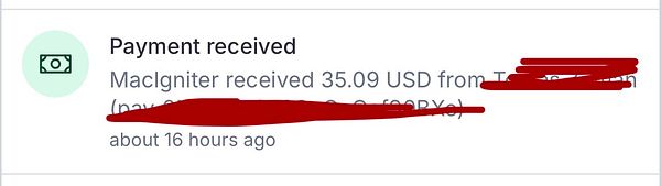 Notification of a $35.09 USD payment received by MacIgniter, showing the sender's name partially redacted.