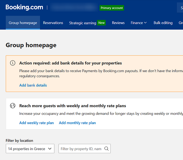 The image displays the Booking.com extranet homepage with important notifications and options for property management.