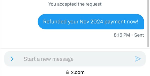 A message interface displaying a refund notification.