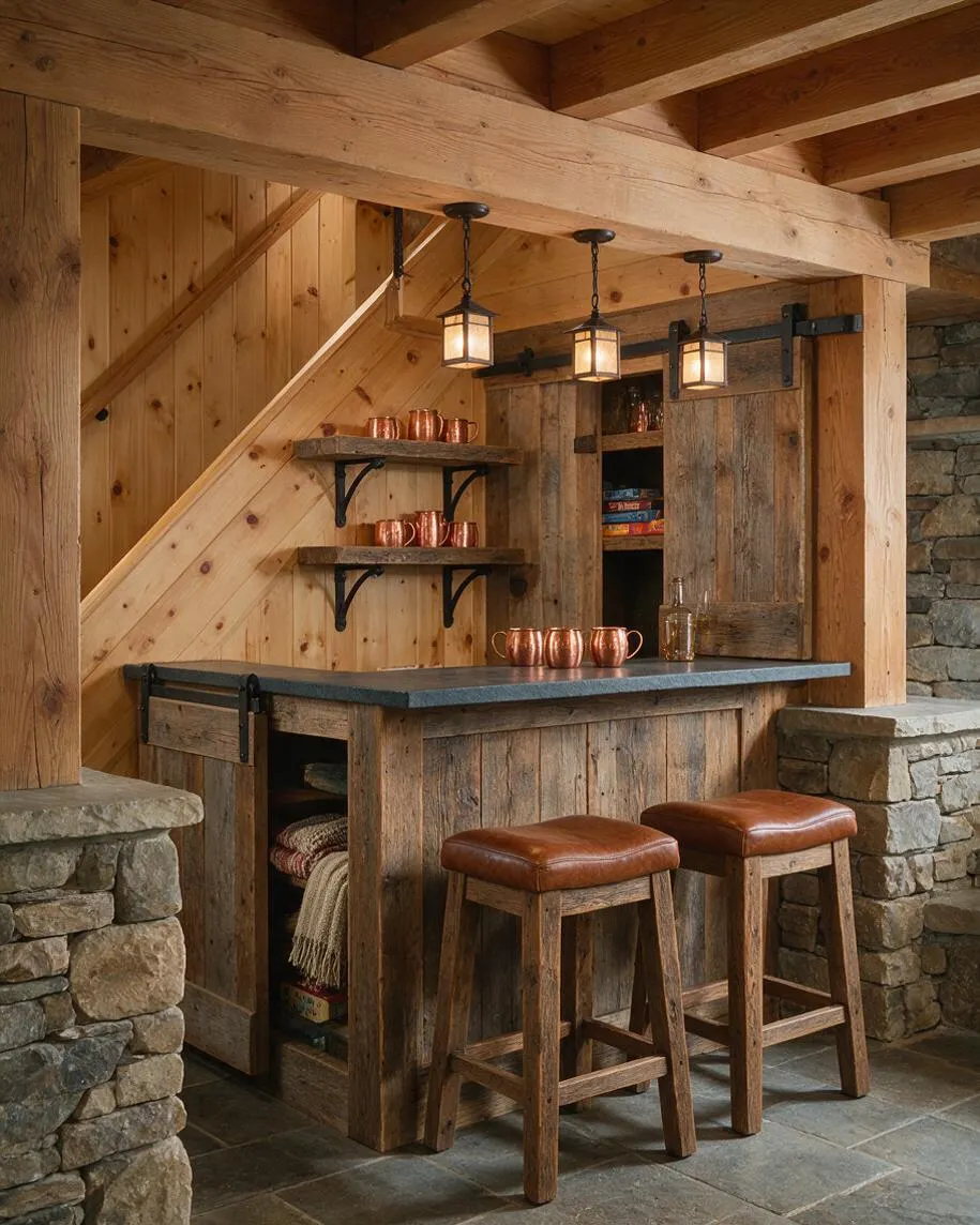 A rustic basement bar features exposed wood beams, knotty pine wall paneling, a weathered wood bar front, and a stone surround. Three pendant lanterns hang above the counter, while copper mugs, open wood shelving, and two leather-topped stools complete the warm, lodge-like atmosphere.