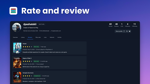 The image displays a user profile on a gaming review platform, showcasing recent game reviews and user statistics.