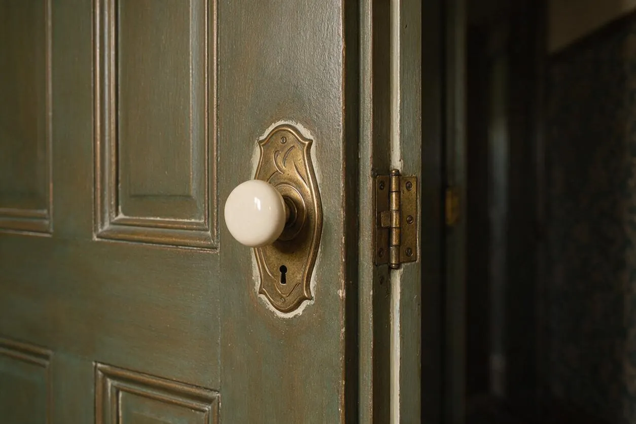 A close-up of a painted Victorian wooden door in muted green, showing raised panels, a white porcelain knob, and an ornate brass keyhole plate. The brass hinge and dark interior beyond the doorway emphasize the period detail and aged finish.