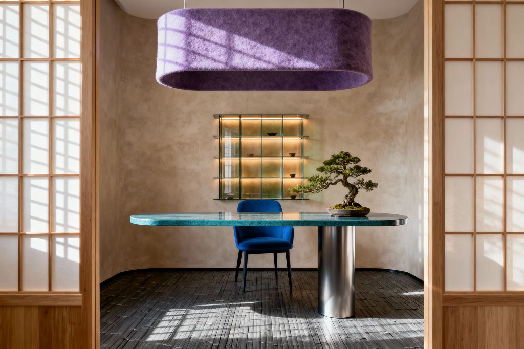 A contemporary home office framed by light wood shoji screens features a rounded rectangular aqua-tinted glass desk on a brushed stainless steel pedestal with a deep blue chair behind it and a bonsai on top. Textured beige plaster walls, a backlit glass shelving unit displaying small ceramics, a large lavender felt pendant, and dark slatted flooring are illuminated by soft daylight that casts grid-pattern shadows across the room.