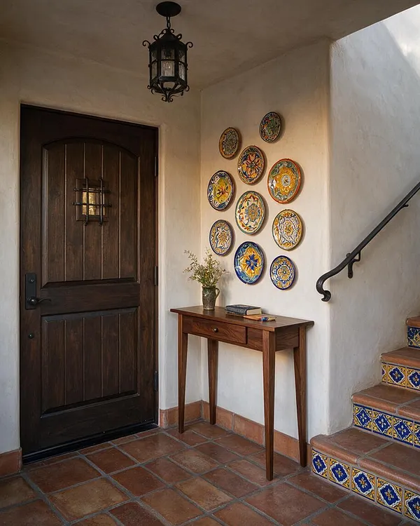 A Mediterranean-style entryway with a dark wood front door, a wrought iron lantern overhead, and colorful decorative ceramic plates arranged on the wall. A slim wooden console table sits below the plates, while terracotta floor tiles and patterned stair risers add warm texture and vibrant detail.
